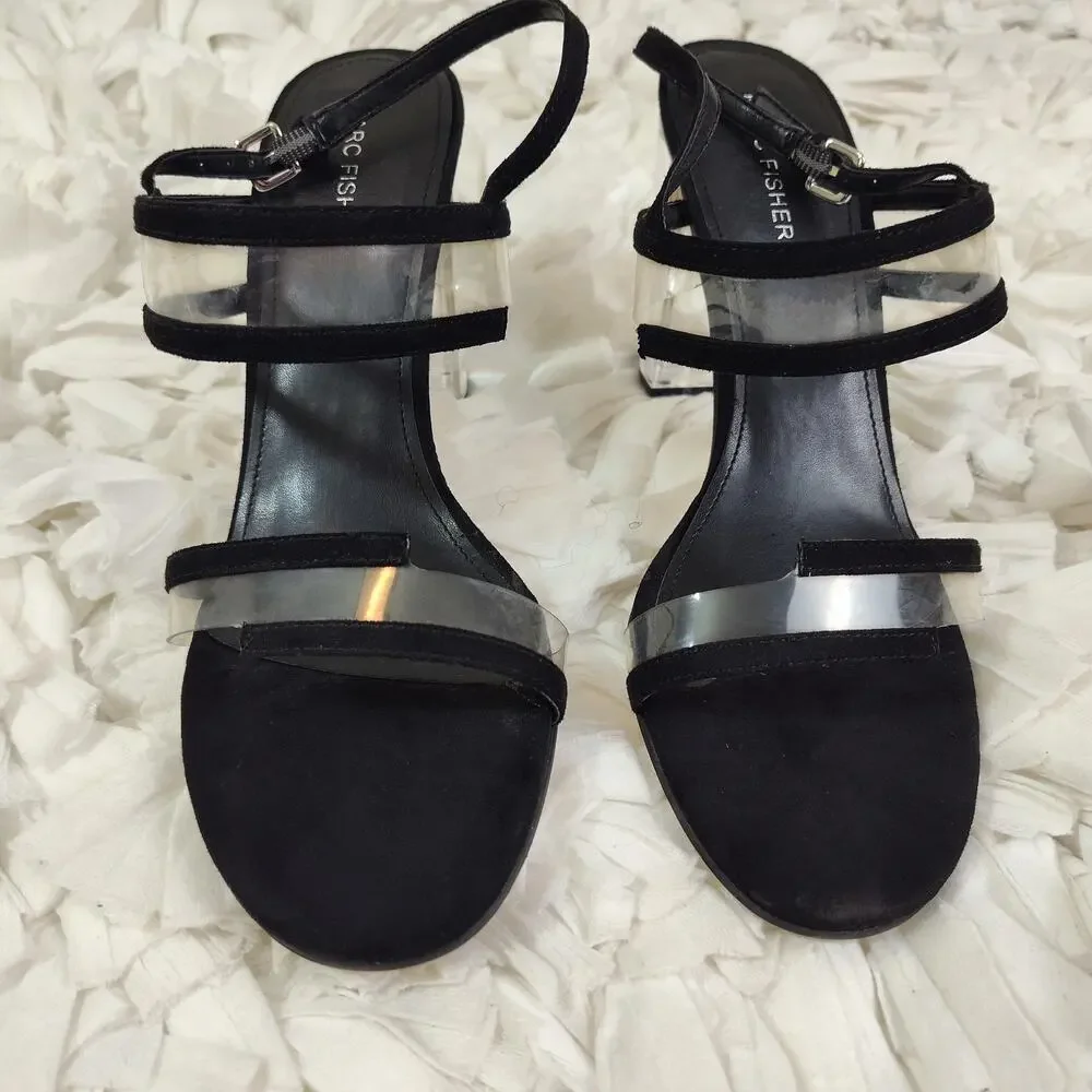 Marc Fisher Shoes Womens Size 9 Black Strappy Sandals Clear Lucite Block Heel
